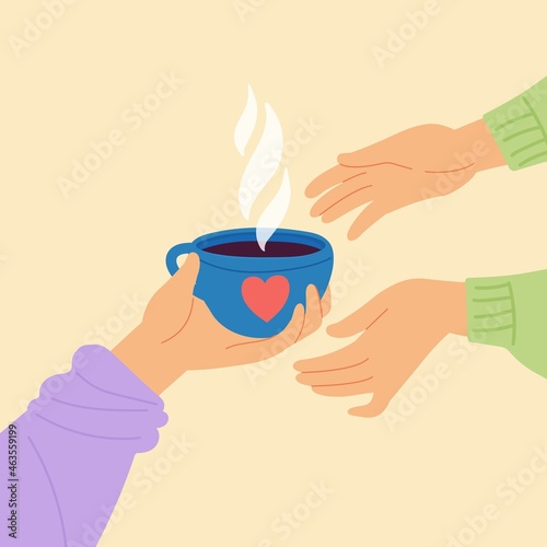 Hands with coffee. Women hold mug, student morning drink. Psychological support metaphor. Person give cup tea to friend, decent vector concept