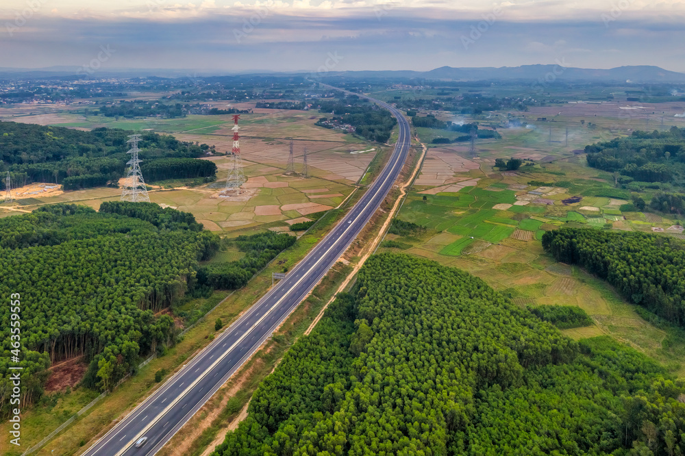 Aerial view of highways from Quang Ngai to Da Nang, area Binh Nguyen ward, Quang Ngai, Vietnam