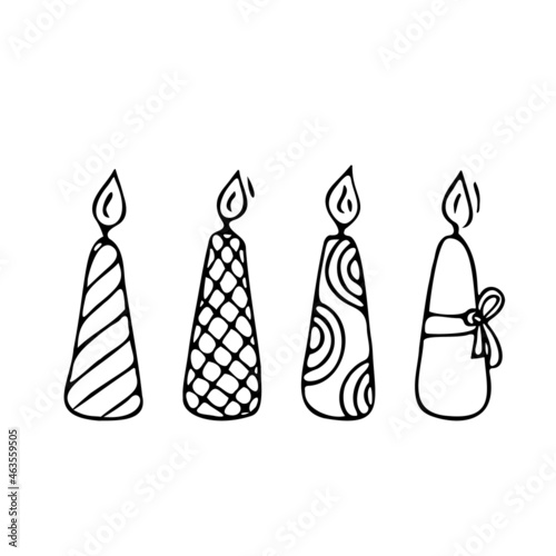 Doodle candles set.Decoration for birthday party or romantic dinner for Valentine's Day.Festive hand-drawn collection candlelight with wick and wax.Elements for creating holiday atmosphere.Isolated