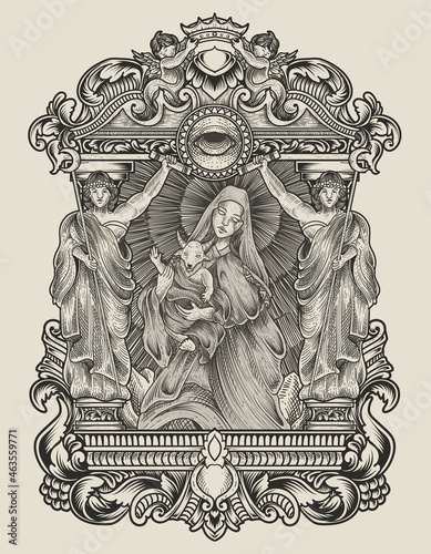 illustration baby baphomet and mother with engraving ornament style © Bayu