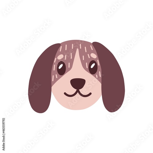 Cute face of baby dog. Funny head portrait of adorable puppy in doodle style. Lovely sweet muzzle of young little canine animal. Flat vector illustration of doggy isolated on white background