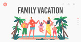 Family Vacation Landing Page Template. Happy Characters on Summer Beach. Mother, Father, Daughter and Sons Playing