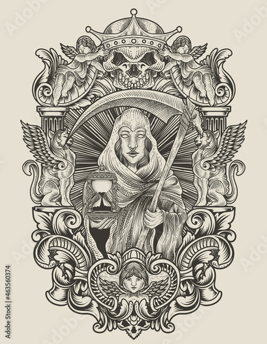 illustration death angel woman with engraving ornament style