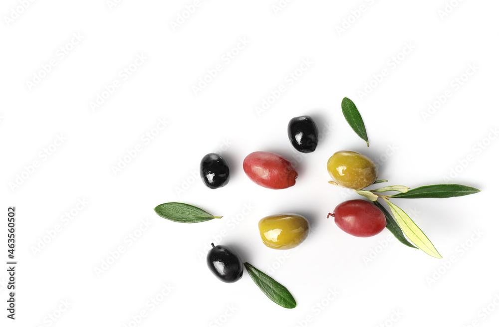 Green, red and black olives isolated on white background Green, red and black olives isolated on white background
