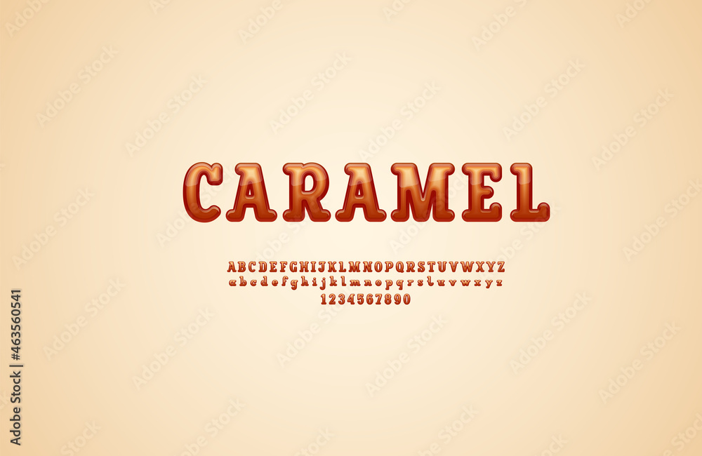 Slab serif 3d font, caramel alphabet, rounded uppercase and lowercase letters from A to Z and numbers from 0 to 9