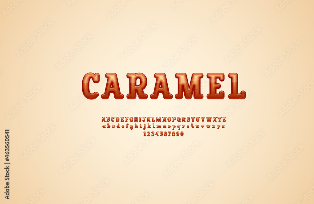 Slab serif 3d font, caramel alphabet, rounded uppercase and lowercase letters from A to Z and numbers from 0 to 9 Slab serif 3d font, caramel alphabet, rounded uppercase and lowercase letters from A to Z and numbers from 0 to 9
