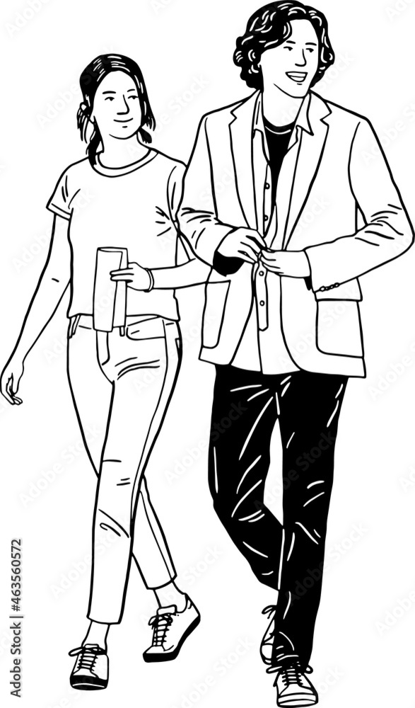 A Couple Man and woman walking together Lovers dating relationship Hand drawn Line art Illustration