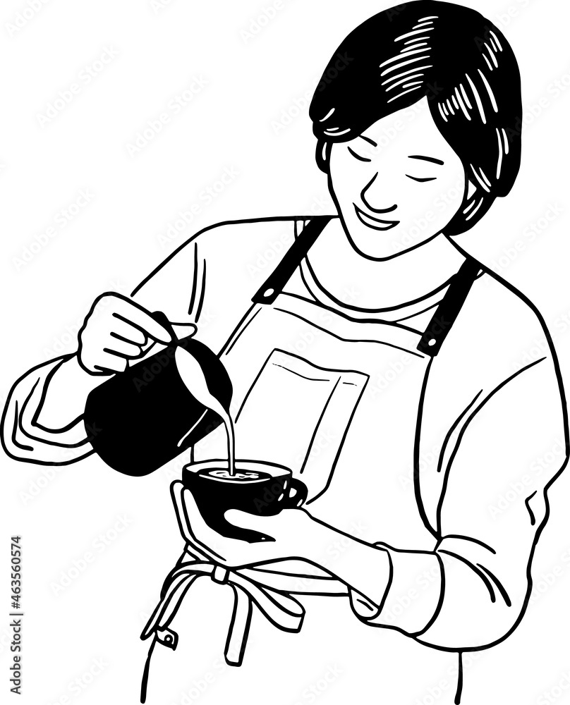 Woman Barista Making Latte Art Coffee Shop Cafe People Hand Drawn Line Art Illustration Stock 