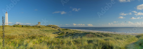 Panorama view of Blåvand lighthouse on wide dune of Blåvandshuk with beach view on the west coast of Jutland, by Esbjerg, Denmark.
 photo