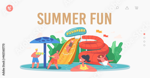 Summer Fun Landing Page Template. Kids Characters in Aquapark, Amusement Aqua Park with Water Attractions for Children