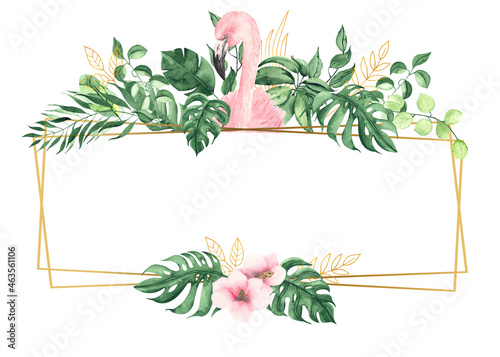 Watercolor hand painted tropical frame with green palm leaves, flowers, flamingo, golden line elements