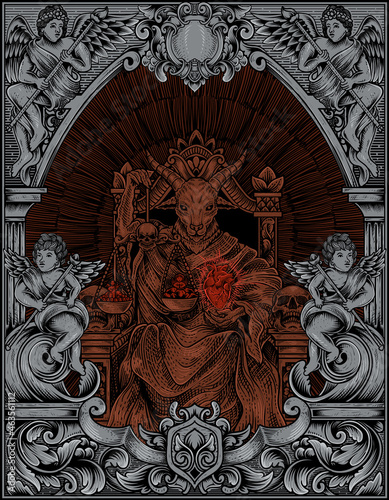 illustration king satan on gothic engraving ornament style