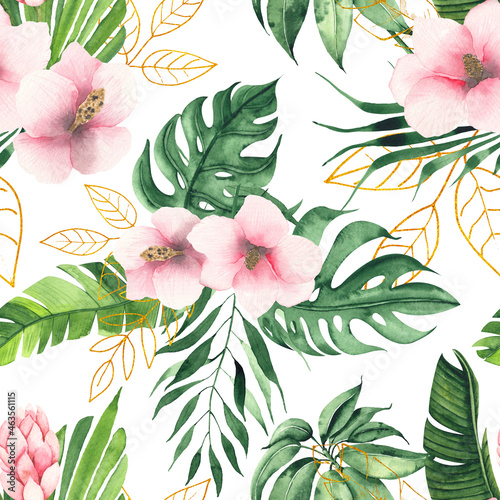 Watercolor hand painted tropical seamless pattern with green palm leaves  flowers  golden line elements