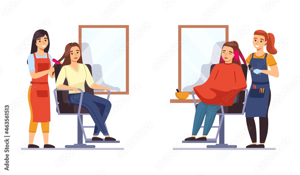 Obraz premium Hair salon. Stylists work with clients, professional hairstyles creating. Girls sit in barber shop chairs near mirrors, beauty industry, women in studio, vector cartoon isolated concept