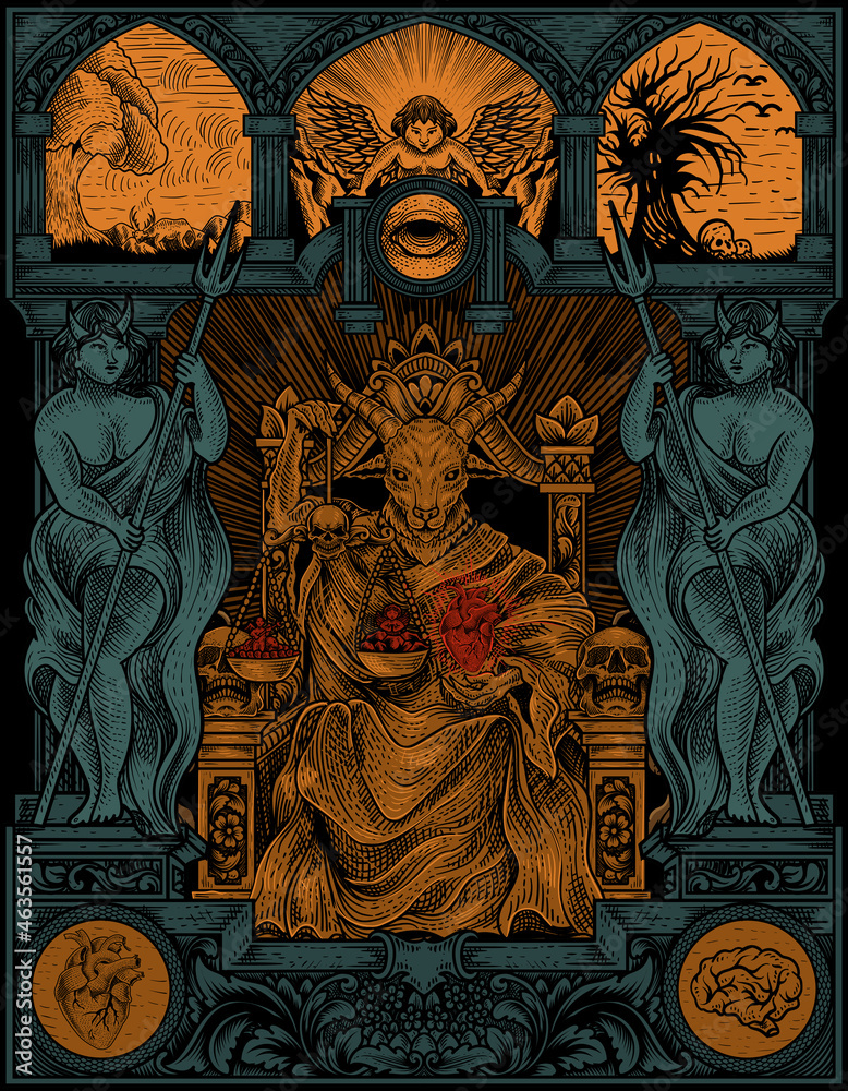 Naklejka premium illustration king satan on gothic engraving ornament style