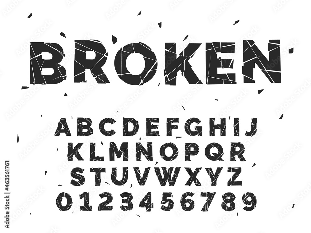 Broken alphabet. Crash font, capital latin letters and numbers, crack style english abc, smashed fragments, text design, chopped type, glass or ice pieces, black silhouette vector isolated set - obrazy, fototapety, plakaty 