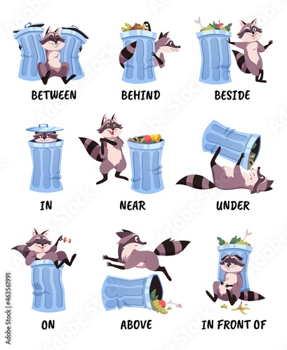 English prepositions. Funny raccoon and garbage can, language vocabulary demonstration, visual kids training, cute character, kindergarten educational worksheet, vector cartoon isolated set