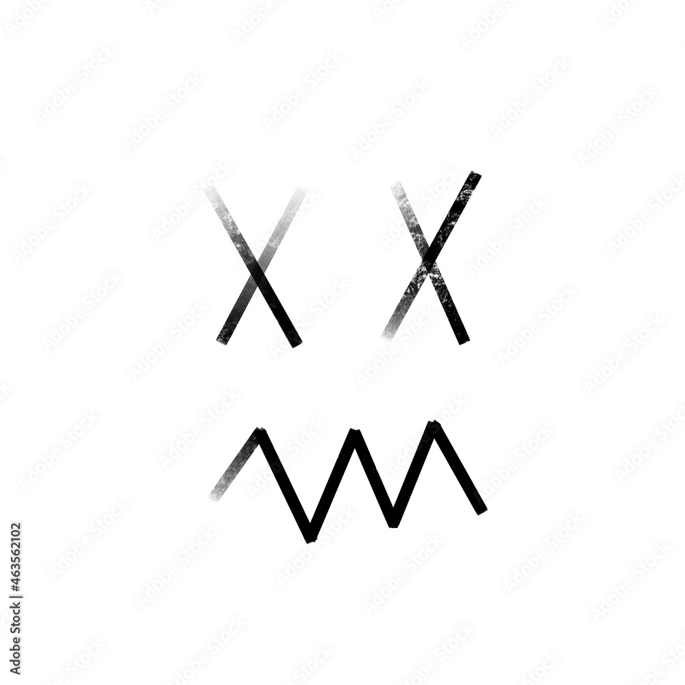 Illustration depicting a face, instead of eyes, crosses instead of lips, a zigzag, an abstract drawing, in black chalk on a white background Illustration depicting a face, instead of eyes, crosses instead of lips, a zigzag, an abstract drawing, in black chalk on a white background