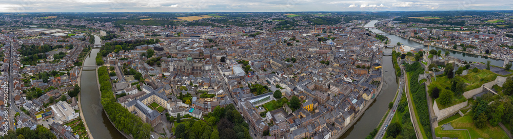 Aerial view around the city Namur in Belgium on an overcast afternoon in summer
