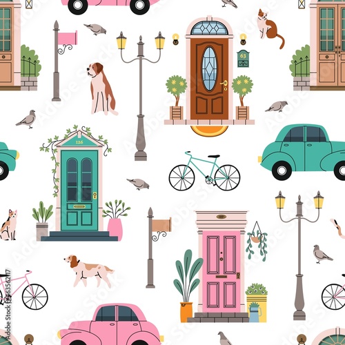 Seamless pattern front doors. House facade entrances, old main porches, vintage street elements, outdoor lanterns, plants, bicycle and cars, decor textile, wrapping paper wallpaper, vector print