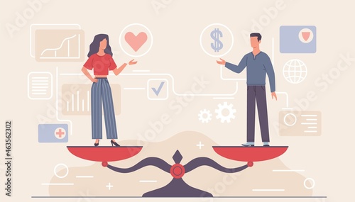 Gender equality scales. Man and woman standing on bowls of weight measuring equipment. Different values comparison. Professional balance. Vector equivalent male and female employment