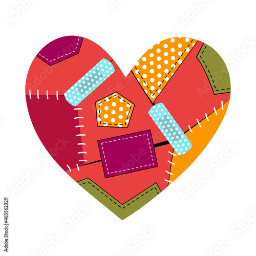 Fixing broken heart with plaster bandage and sewing patches in flat design on white background.