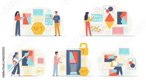 NFT crypto art. Internet artists marketplace. Culture innovation. Cryptography auction. Non-fungible token symbols collectors. People sell digital paintings. Vector masterpiece trade set