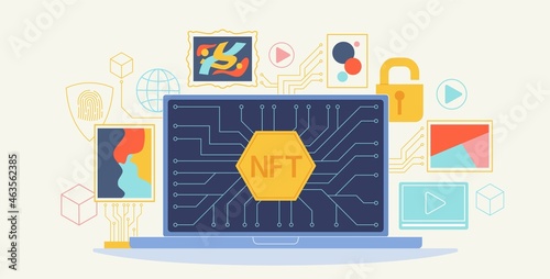 NFT online marketplace. Laptop with non-fungible token currency blockchain. Unique art. Computer and network technology for virtual trade. Crypto store. Internet deal. Vector concept