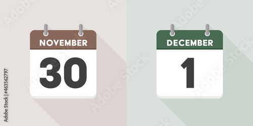 11月30日と12月1日の日めくりカレンダー：秋から冬への季節の変わり目