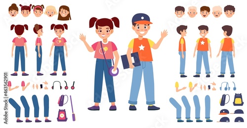 Children teenagers constructor. Happy girl and boy with additional body parts and accessories, child emotions and hairstyles, poses create, for animation vector cartoon flat isolated set