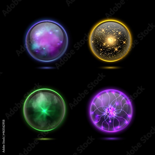 Crystal magical orbs. Glowing energy sphere and shiny lightning. Spiritual glass globe occult prediction future with fantasy effects. 3D mystery glass balls. Vector isolated set