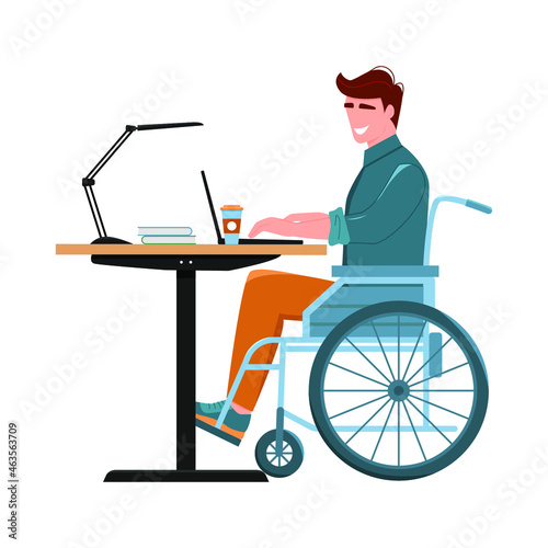 Disabled wheelchair young man working at laptop.Man sitting in wheelchair. The concept of employment and social adaptation of disabled people. Workplace. Vector illustration in flat style.