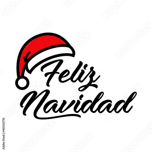 Banner con frase Feliz Navidad en español manuscrito con sombrero de  Papá Noel en color rojo y negro