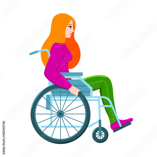 Young woman in wheelchair isolated on white background. Handicapped girl. Vector illustration in flat style. 