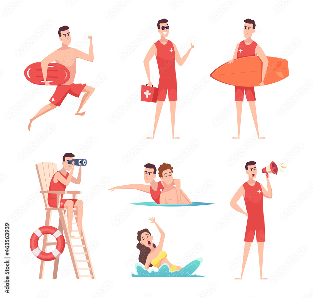 Lifeguard at beach. Summer vacation safety on the sea kids enjoying in water recreational time people working exact vector outdoor characters