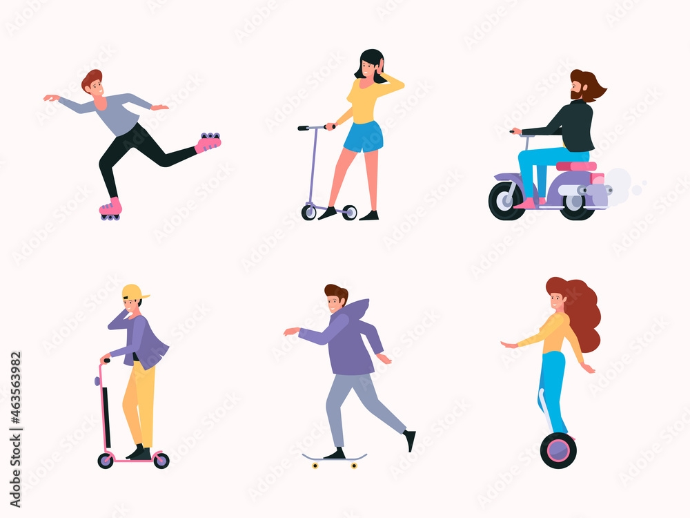 Riding characters. Urban transport people electric bike scooter electric cars transportation rollers garish vector illustration set