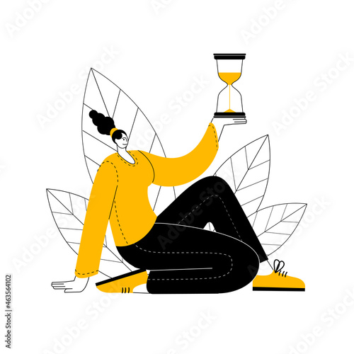 The girl is sitting with an hourglass in her hand. Vector illustration in outline style. A metaphor on the topic of time management.