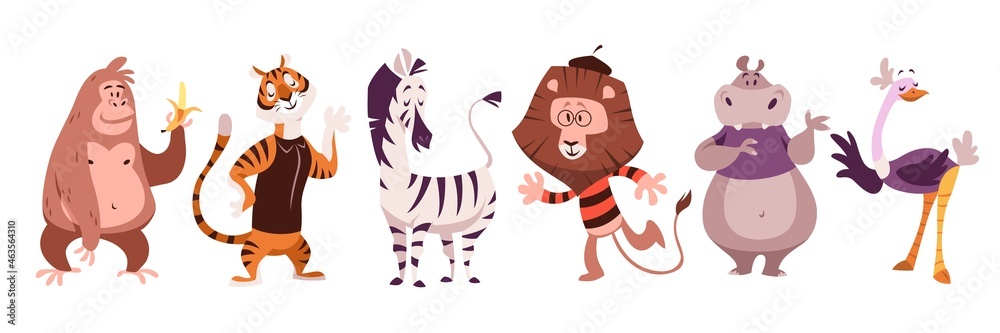 Fototapeta premium Exotic animals. Jungle monkey and tiger, zebra and lion, hippo and ostrich, wildlife zoo and circus trendy exotic childish, african fauna mammals and birds, vector cartoon set