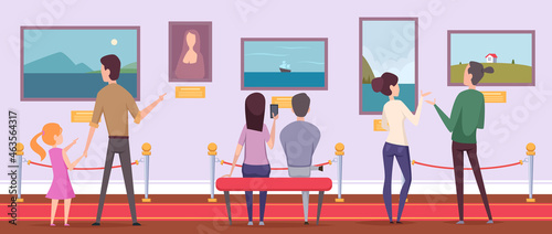 Museum gallery. Visitors looking paintings on exposition museum contemplating exact vector cartoon background