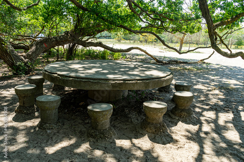 Stone table and chairs,  from the Caraorman forest,  in the Danube Delta area,  Romania,  in a sunny summer day