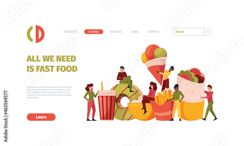 Fast food landing. People holding junk food trash products burgher cold drinks donuts and pizza garish vector web page template with place for text