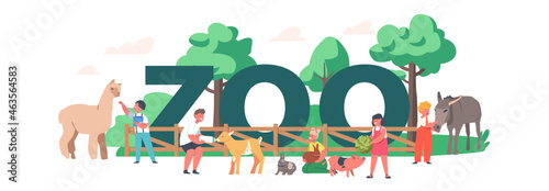 Little Kids Visit Contact Zoo Concept. Children Feeding Animals, Toddlers Characters Petting Domestic Llama, Rabbits