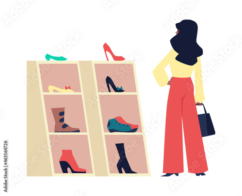 Female customer in footwear store choses shoes - flat vector illustration isolated on white background.