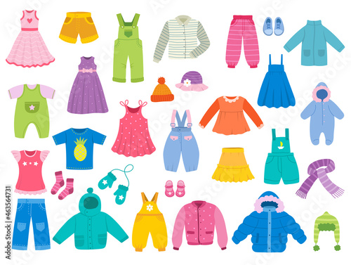 Kids fashion. Fashioned clothes modern style casual and stylish shirt pants sweater and jackets recent vector flat pictures set collection