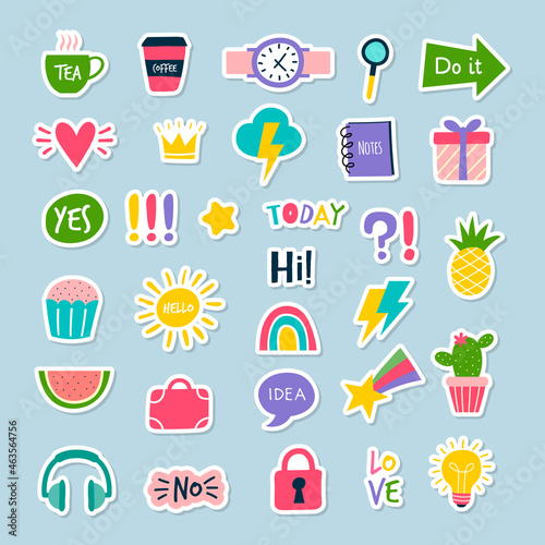 Daily stickers. Planner journal trendy decor notebook reminder pictures coffee cup rainbow numbers and letters different words quotes recent vector illustrations