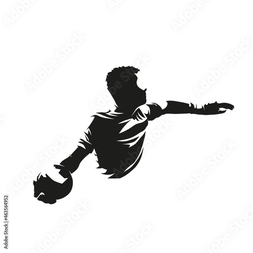 Goalkeeper throws the ball, soccer player isolated vector silhouette, ink drawing. Footballer