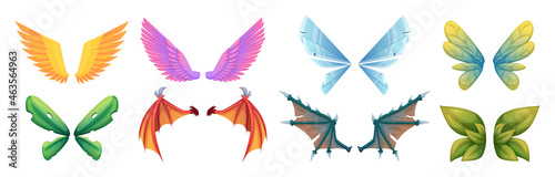 Mythology wings. Fantasy flying creatures monsters medieval fairy tale dragons or birds body parts big colored wings exact vector cartoon collection