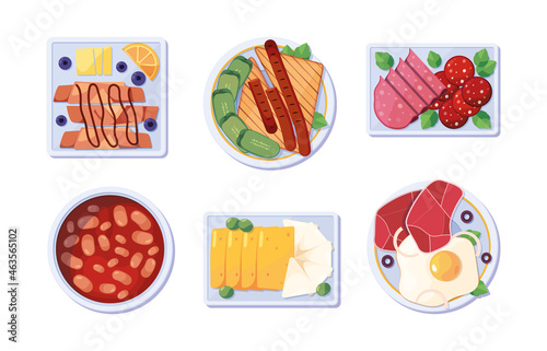 Food products top view. Delicious breakfast healthy products snacks hot drinks pancakes carrot vegetables meal food on dishes bacon garish vector reasaurant items