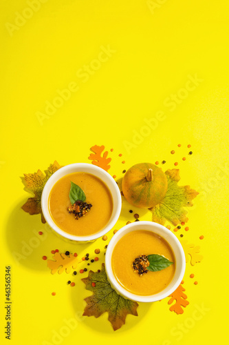 Vegetable cream soup. Traditional autumn composition. Healthy hot food, spices, foliage