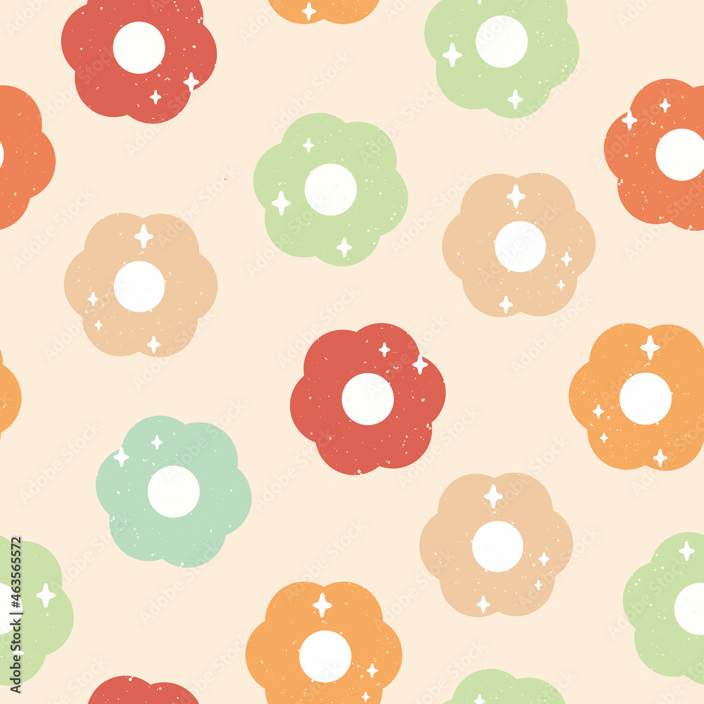 Vector 60s inspired Sparkling Daisies with Retro Texture on Soft Beige seamless pattern background design. Perfect for scrapbooking, fabrics and web design projects. Vector 60s inspired Sparkling Daisies with Retro Texture on Soft Beige seamless pattern background design. Perfect for scrapbooking, fabrics and web design projects.